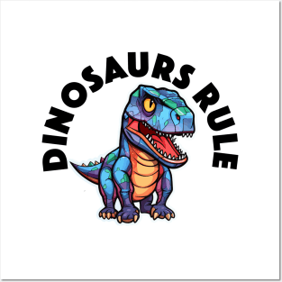 Colorful Geometric Dinosaur - Dinosaurs Rule (Black Lettering) Posters and Art